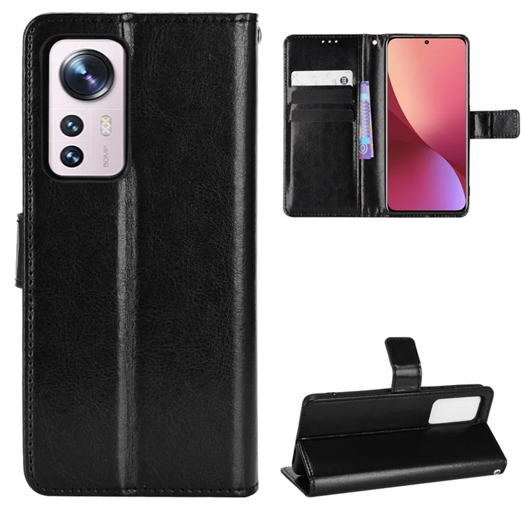 For Xiaomi 12 Pro 5G / 12S Pro 5G /12 Pro (Dimensity) 5G Double Protection TPU + PU Leather Crazy Horse Texture Flip Case Wallet Stand Cell Phone Cover with Strap - Black