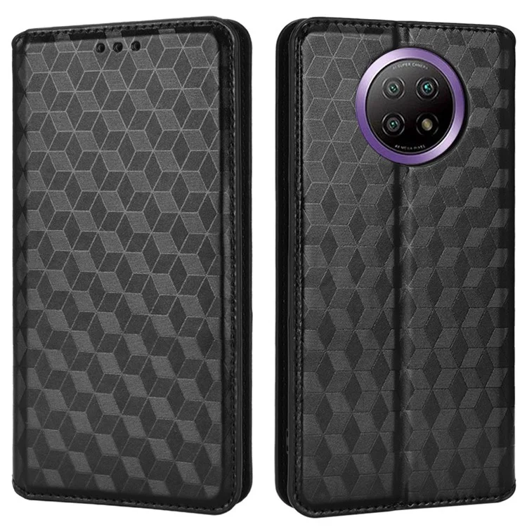 For Xiaomi Redmi Note 9T 5G/Note 9 5G Imprinting Rhombus Magnetic Closure PU Leather Wallet Stand Phone Case - Black