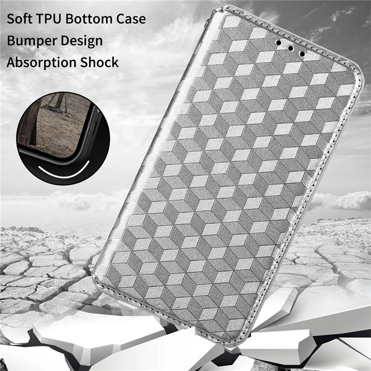 For Xiaomi Redmi Note 9T 5G/Note 9 5G Imprinting Rhombus Magnetic Closure PU Leather Wallet Stand Phone Case - Silver