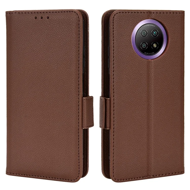 Litchi Texture Leather Case for Xiaomi Redmi Note 9 5G/Note 9T 5G, Double Magnetic Clasp Wallet Stand Phone Case - Brown