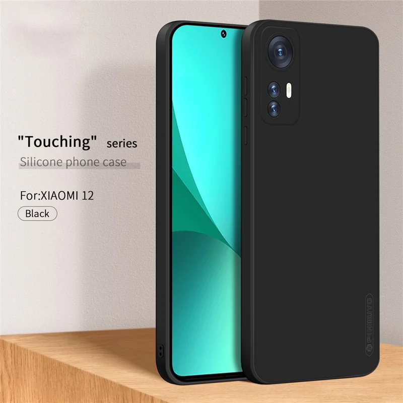 PINWUYO Silicone Case for Xiaomi 12 5G / 12X 5G / 12S 5G, Silky-Soft Touch Precise Cutouts Protective Cover with Fiber Flocking Lining - Black