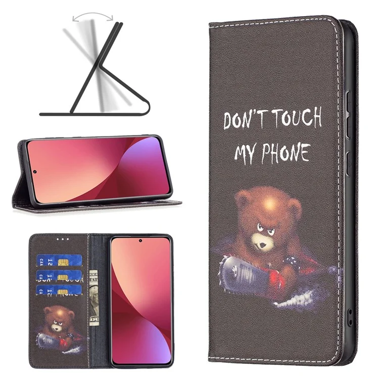 For Xiaomi 12 5G/12X 5G/12S 5G Pattern Printing PU Leather Wallet Stand Case Full Protection Magnetic Auto-absorbed Flip Cover - Bear