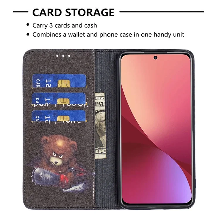 For Xiaomi 12 5G/12X 5G/12S 5G Pattern Printing PU Leather Wallet Stand Case Full Protection Magnetic Auto-absorbed Flip Cover - Bear