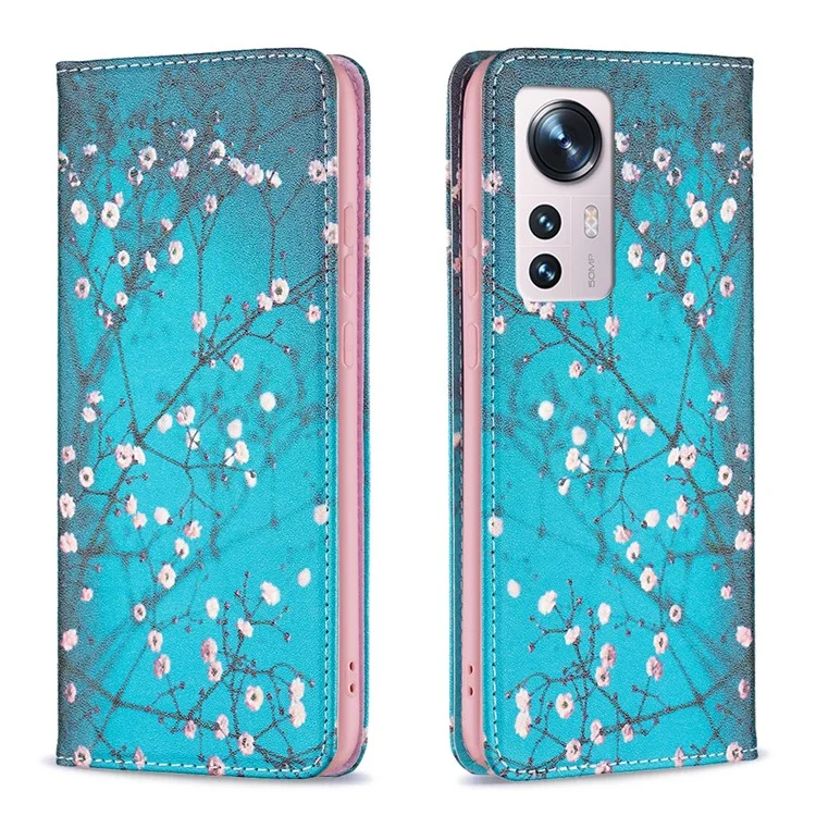 For Xiaomi 12 5G/12X 5G/12S 5G Pattern Printing PU Leather Wallet Stand Case Full Protection Magnetic Auto-absorbed Flip Cover - Plum Blossom