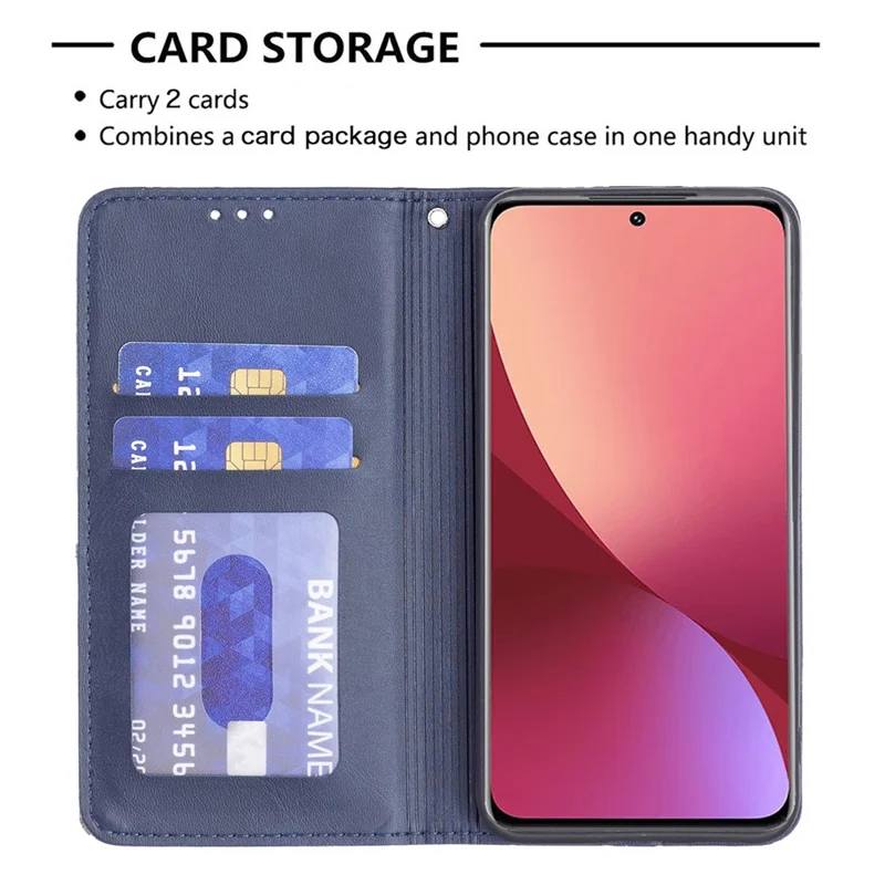 غطاء هاتف لـ Xiaomi 12 5G / 12X 5G / 12S 5G بتصميم مطبوع متداخل من الجلد الصناعي مع فتحات لوضع البطاقات - أزرق