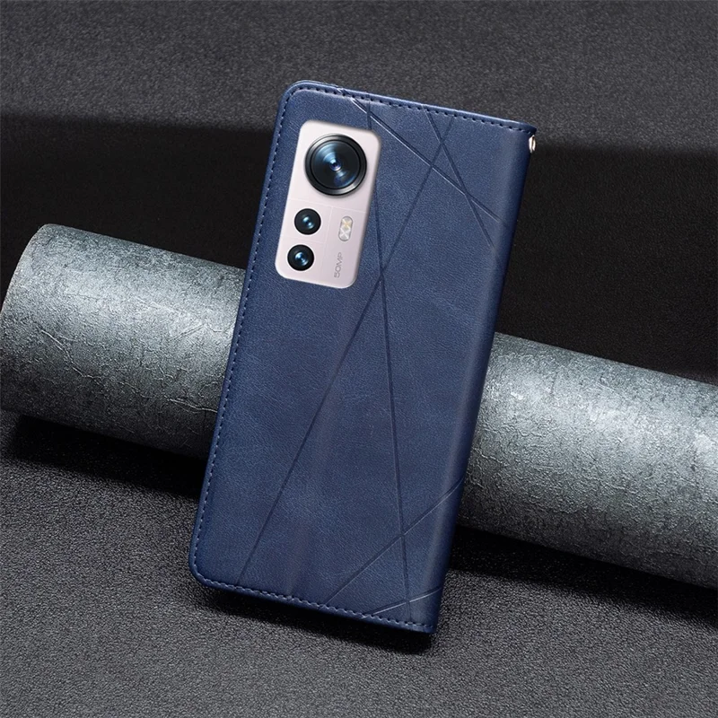 غطاء هاتف لـ Xiaomi 12 5G / 12X 5G / 12S 5G بتصميم مطبوع متداخل من الجلد الصناعي مع فتحات لوضع البطاقات - أزرق