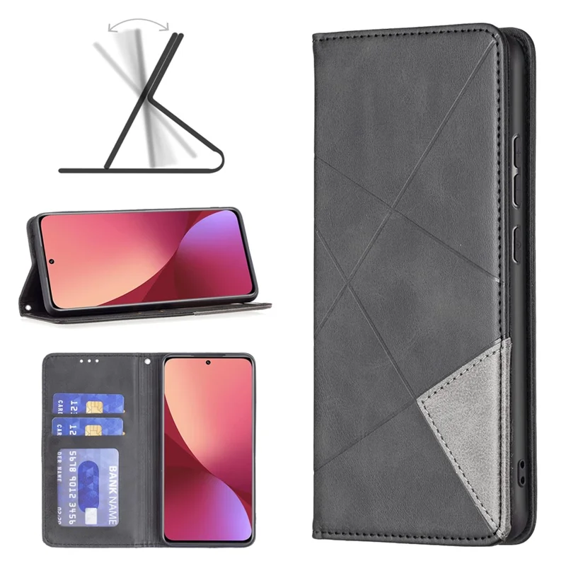 For Xiaomi 12 5G / 12X 5G / 12S 5G Phone Case Imprinting Pattern Splicing Style Protective Cover with Card Slots Leather Mobile Phone Shell - Black