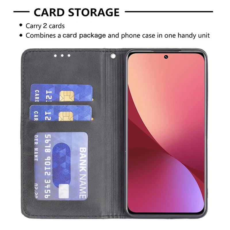 For Xiaomi 12 5G / 12X 5G / 12S 5G Phone Case Imprinting Pattern Splicing Style Protective Cover with Card Slots Leather Mobile Phone Shell - Black