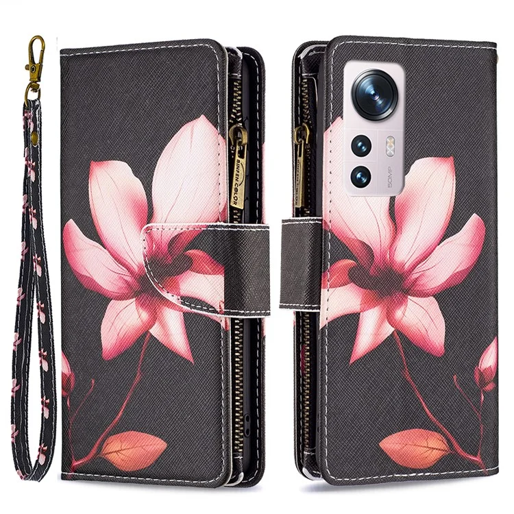 BF03 Pattern Printing Zipper Leather Case for Xiaomi 12 5G / 12X 5G / 12S 5G, Magnetic Closure Wallet Stand Soft TPU Book Cover with Strap - Flower