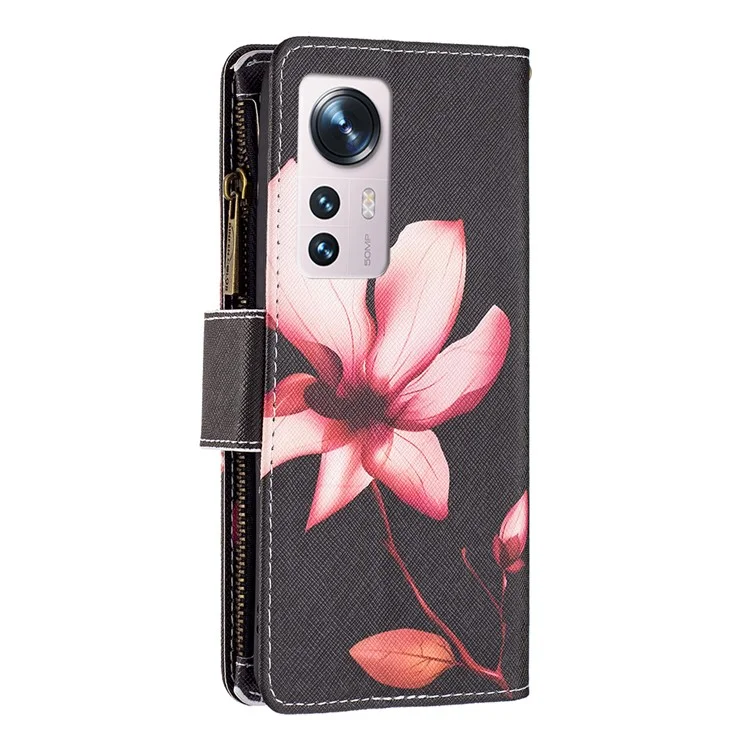 BF03 Pattern Printing Zipper Leather Case for Xiaomi 12 5G / 12X 5G / 12S 5G, Magnetic Closure Wallet Stand Soft TPU Book Cover with Strap - Flower