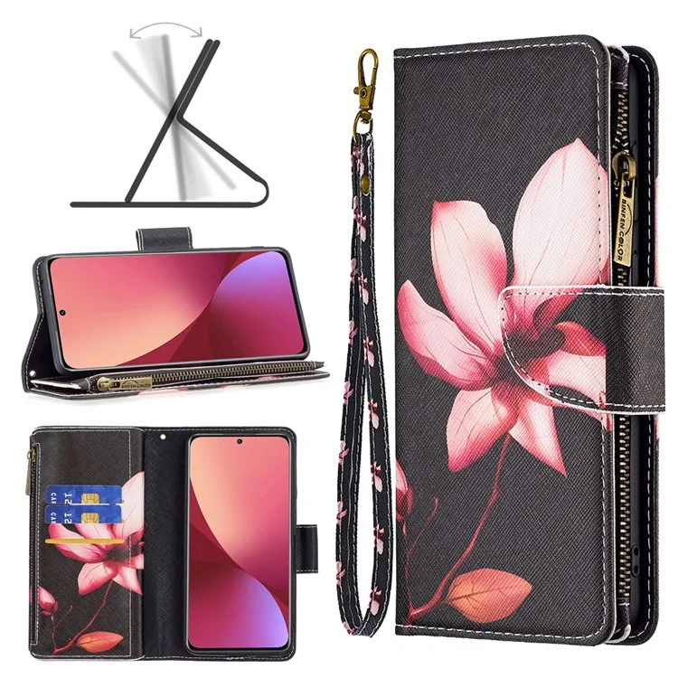 BF03 Pattern Printing Zipper Leather Case for Xiaomi 12 5G / 12X 5G / 12S 5G, Magnetic Closure Wallet Stand Soft TPU Book Cover with Strap - Flower