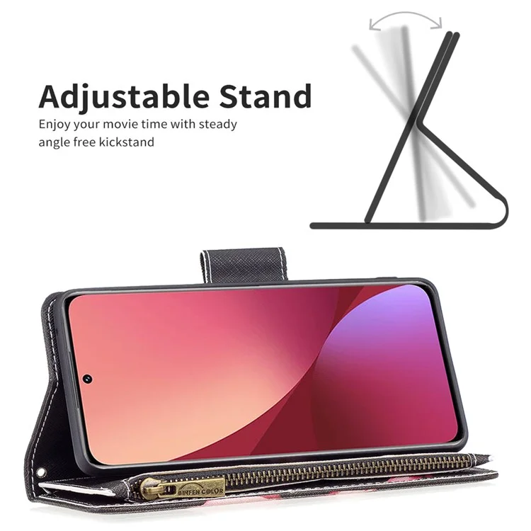 BF03 Pattern Printing Zipper Leather Case for Xiaomi 12 5G / 12X 5G / 12S 5G, Magnetic Closure Wallet Stand Soft TPU Book Cover with Strap - Flower
