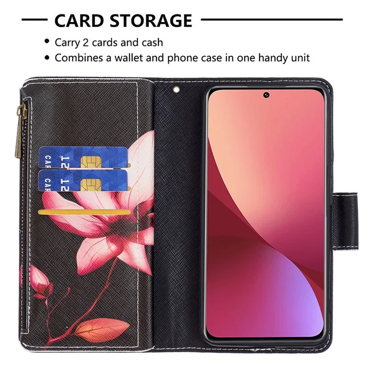 BF03 Pattern Printing Zipper Leather Case for Xiaomi 12 5G / 12X 5G / 12S 5G, Magnetic Closure Wallet Stand Soft TPU Book Cover with Strap - Flower