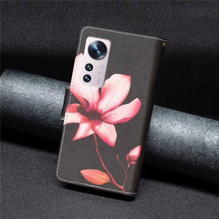 BF03 Pattern Printing Zipper Leather Case for Xiaomi 12 5G / 12X 5G / 12S 5G, Magnetic Closure Wallet Stand Soft TPU Book Cover with Strap - Flower