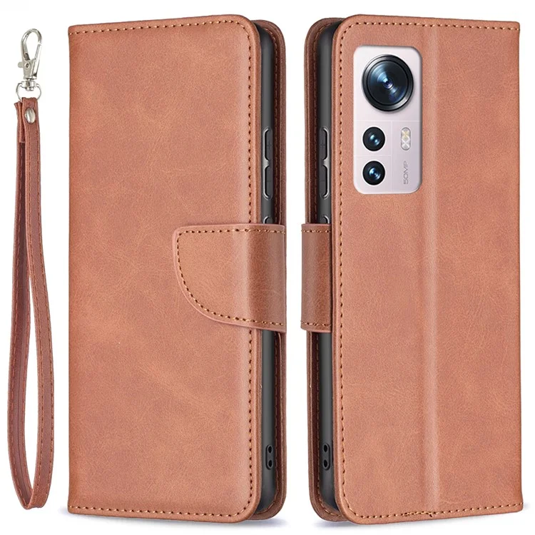 Para Xiaomi 12 5G/12X 5G/12S 5G Textura Sólida Color PU Cuero Folio Flip Cubierta Soporte Magnético Funda Teléfono con Correa - Marrón