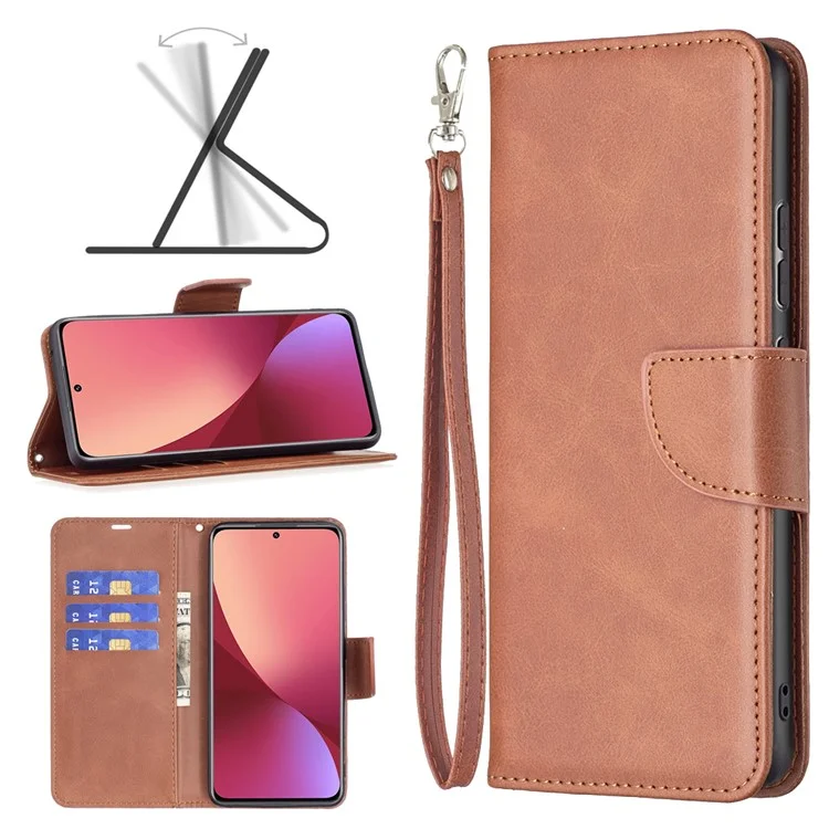 For Xiaomi 12 5G/12X 5G/12S 5G Textured Solid Color PU Leather Folio Flip Cover Stand Magnetic Phone Case with Strap - Brown