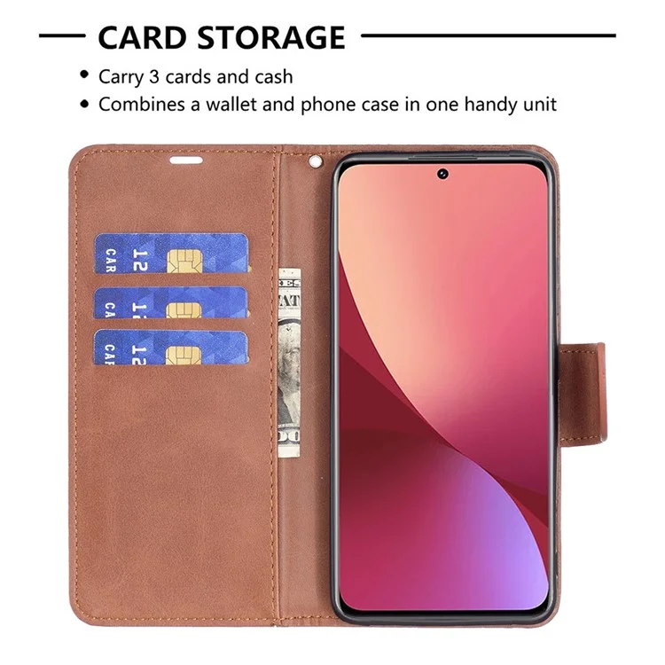 For Xiaomi 12 5G/12X 5G/12S 5G Textured Solid Color PU Leather Folio Flip Cover Stand Magnetic Phone Case with Strap - Brown