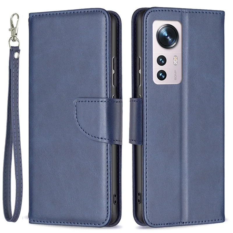 For Xiaomi 12 5G/12X 5G/12S 5G Textured Solid Color PU Leather Folio Flip Cover Stand Magnetic Phone Case with Strap - Blue