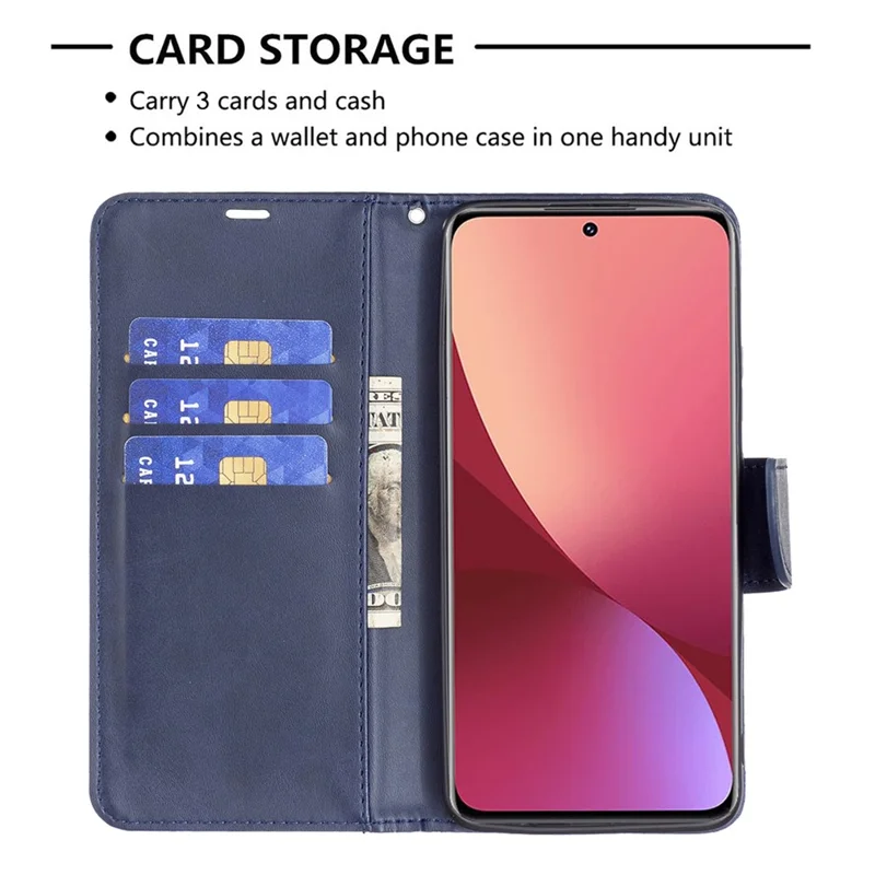 For Xiaomi 12 5G/12X 5G/12S 5G Textured Solid Color PU Leather Folio Flip Cover Stand Magnetic Phone Case with Strap - Blue