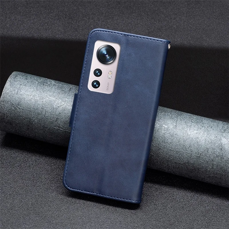 For Xiaomi 12 5G/12X 5G/12S 5G Textured Solid Color PU Leather Folio Flip Cover Stand Magnetic Phone Case with Strap - Blue