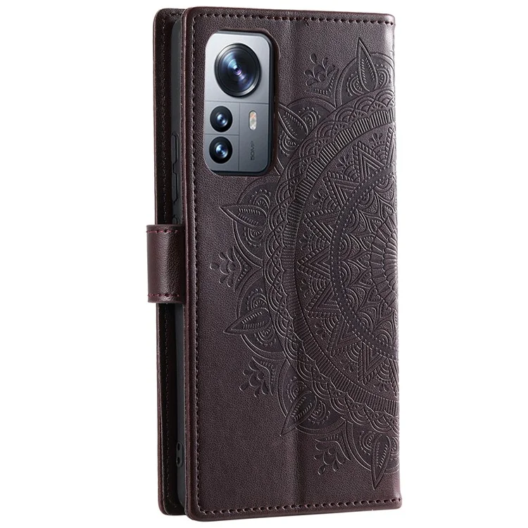 Для Xiaomi 12 Pro 5G / 12S Pro 5G /12 Pro (Dimensity) 5G Тиснённый узор мандалы PU кожаный флип-чехол с амортизацией, бумажник со стойкой, внутренняя оболочка из TPU со шнурком - коричневый