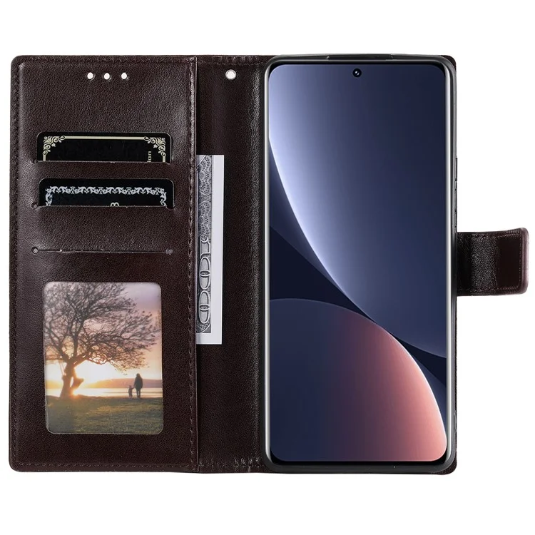 Для Xiaomi 12 Pro 5G / 12S Pro 5G /12 Pro (Dimensity) 5G Тиснённый узор мандалы PU кожаный флип-чехол с амортизацией, бумажник со стойкой, внутренняя оболочка из TPU со шнурком - коричневый