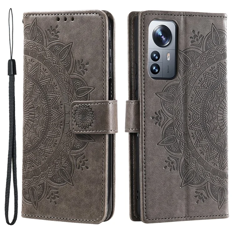 Per Xiaomi 12 5G/12X 5G/12S 5G Esprinted Mandala Floore Fropro Coperchio PU Pafere Pullotto Paformazione Paformato Custodia Protettiva Shock Con Cinturino - Grigio
