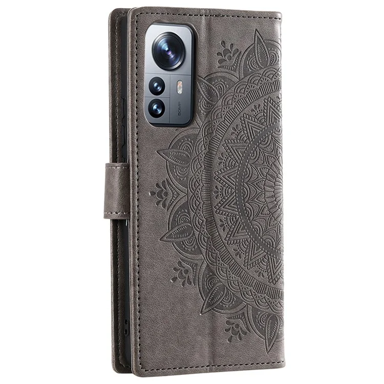 Per Xiaomi 12 5G/12X 5G/12S 5G Esprinted Mandala Floore Fropro Coperchio PU Pafere Pullotto Paformazione Paformato Custodia Protettiva Shock Con Cinturino - Grigio