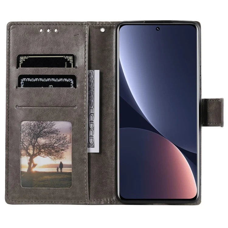 Per Xiaomi 12 5G/12X 5G/12S 5G Esprinted Mandala Floore Fropro Coperchio PU Pafere Pullotto Paformazione Paformato Custodia Protettiva Shock Con Cinturino - Grigio