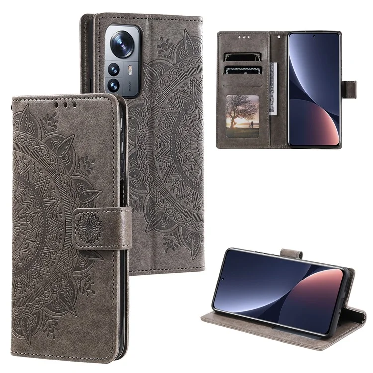 Per Xiaomi 12 5G/12X 5G/12S 5G Esprinted Mandala Floore Fropro Coperchio PU Pafere Pullotto Paformazione Paformato Custodia Protettiva Shock Con Cinturino - Grigio