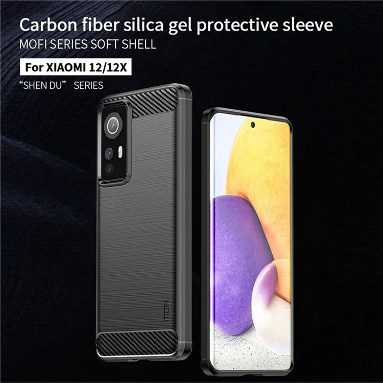 MOFI for Xiaomi 12 5G/12X 5G/12S 5G Phone Shell Carbon Fiber Texture Soft TPU Anti-scratch Brushed Surface Mobile Phone Case - Black