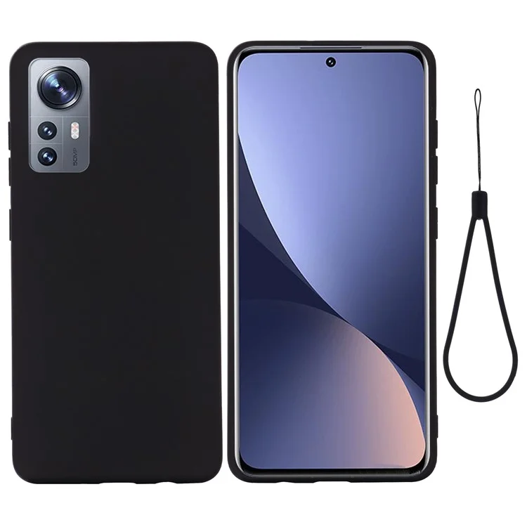 Für Xiaomi 12 5G/12X 5G/12S 5G Flüssigsilikon-Telefonschutz, einfarbiges stoßfestes Gehäuse mit Trageriemen - Schwarz