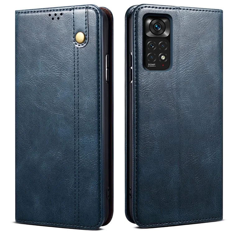For Xiaomi Redmi Note 11S 4G / Redmi Note 11 4G (Qualcomm) Waxy Crazy Horse Texture PU Leather Case Wallet Stand Magnetic Absorption Protective Flip Cover - Blue