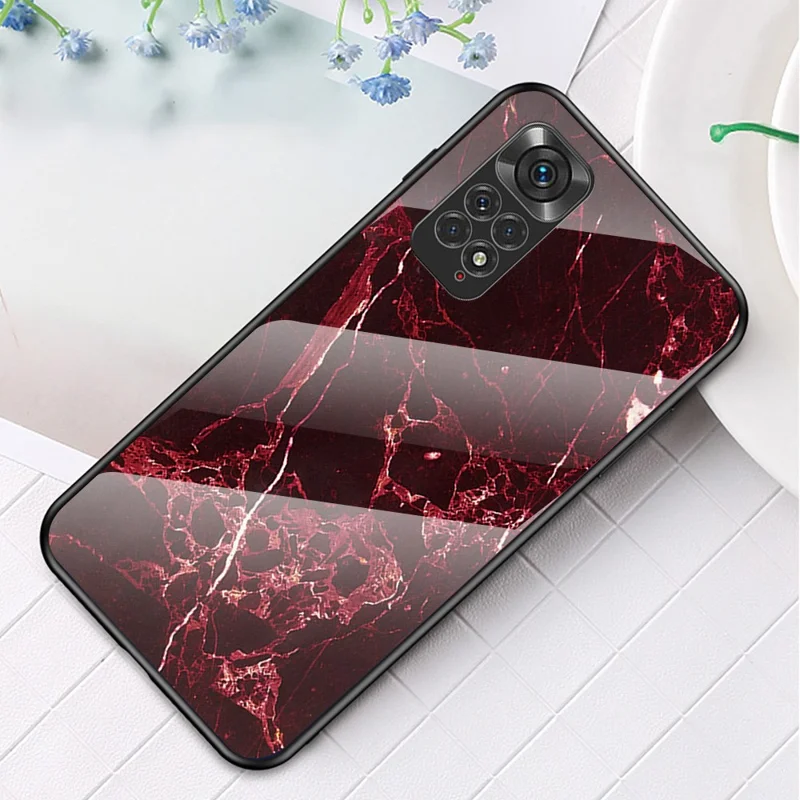 For Xiaomi Redmi Note 11 4G (Qualcomm) /Note 11S  4G Marble Pattern Shockproof Phone Case Tempered Glass + PC Back TPU Frame Shell - Blood Red Marble