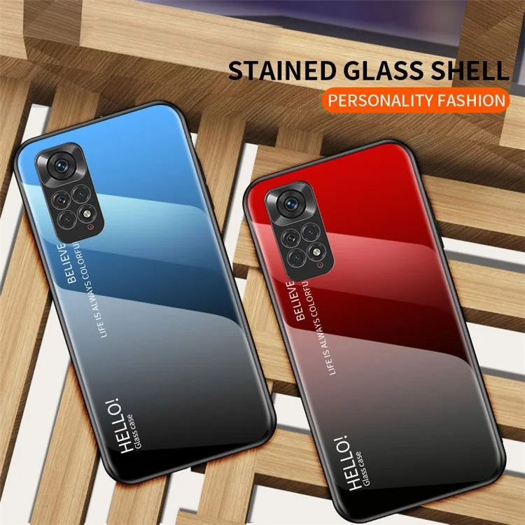 For Xiaomi Redmi Note 11 4G (Qualcomm)/Redmi Note 11S 4G Tempered Glass + PC + TPU Phone Case Stylish Gradient Color Hybrid Back Cover - Gradient Red Black