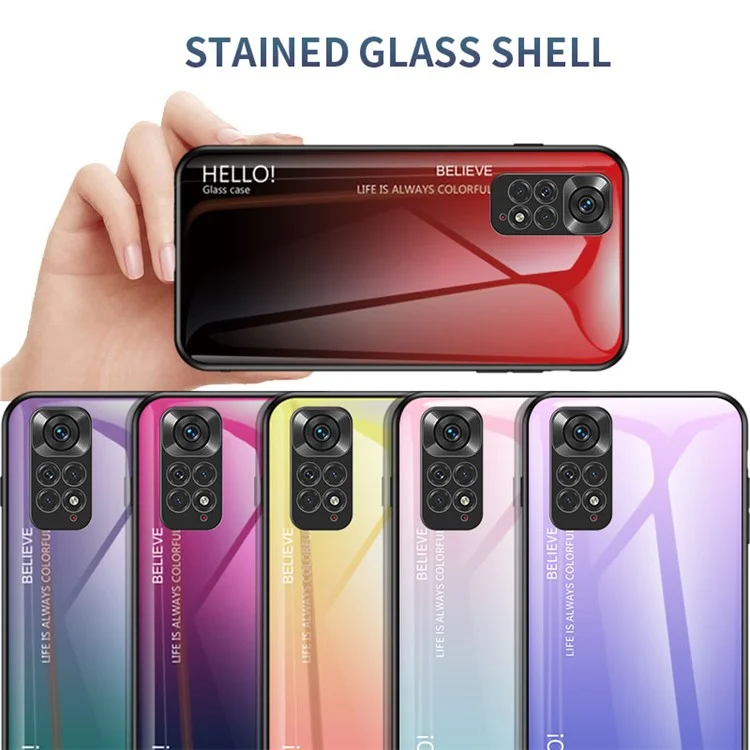 For Xiaomi Redmi Note 11 4G (Qualcomm)/Redmi Note 11S 4G Tempered Glass + PC + TPU Phone Case Stylish Gradient Color Hybrid Back Cover - Gradient Red Black