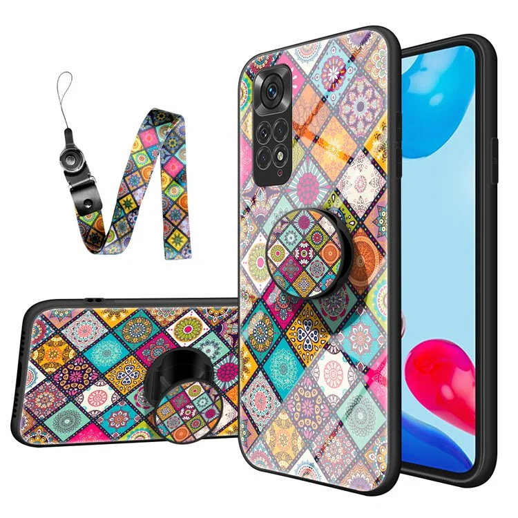 Per Xiaomi Redmi Note 11 4G (Qualcomm)/Redmi Note 11S 4G Flower Pattern Design Hard Tempered Glass + PC Back + Soft TPU Frame Shockproof Anti-drop Cover Case with Kickstand - Checkered Pattern