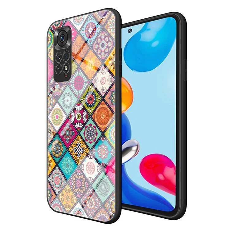 Per Xiaomi Redmi Note 11 4G (Qualcomm)/Redmi Note 11S 4G Flower Pattern Design Hard Tempered Glass + PC Back + Soft TPU Frame Shockproof Anti-drop Cover Case with Kickstand - Checkered Pattern