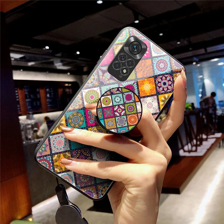 Per Xiaomi Redmi Note 11 4G (Qualcomm)/Redmi Note 11S 4G Flower Pattern Design Hard Tempered Glass + PC Back + Soft TPU Frame Shockproof Anti-drop Cover Case with Kickstand - Checkered Pattern