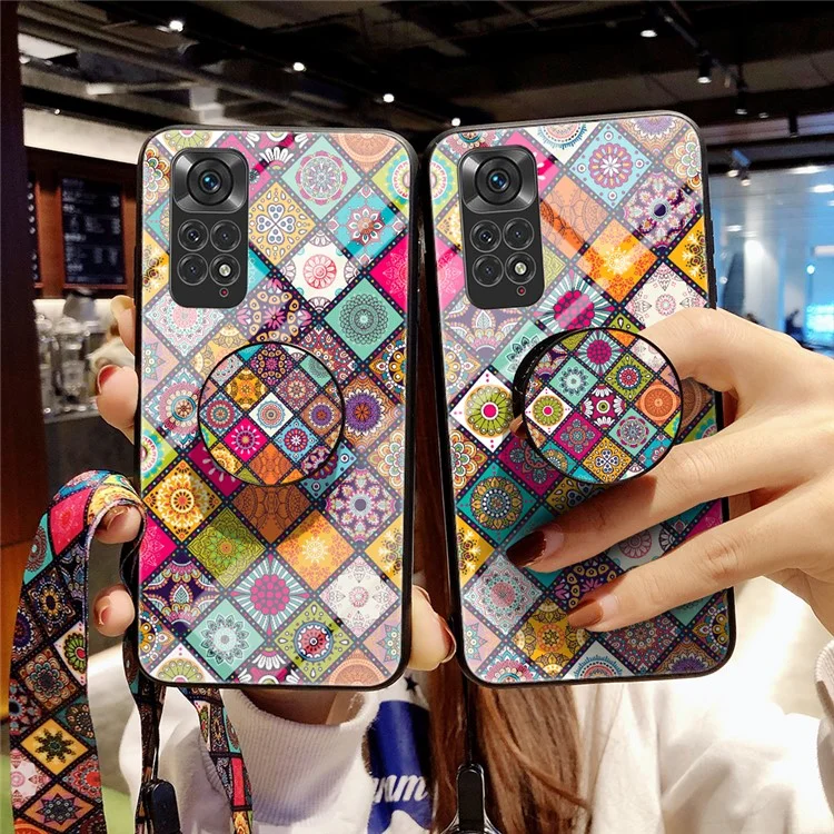 Per Xiaomi Redmi Note 11 4G (Qualcomm)/Redmi Note 11S 4G Flower Pattern Design Hard Tempered Glass + PC Back + Soft TPU Frame Shockproof Anti-drop Cover Case with Kickstand - Checkered Pattern