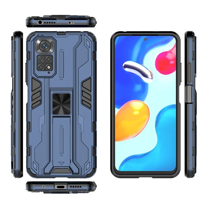 For Xiaomi Redmi Note 11 4G (Qualcomm)/Note 11S 4G Anti-fall Protection Soft TPU Hard PC Phone Case Kickstand Cover - Blue