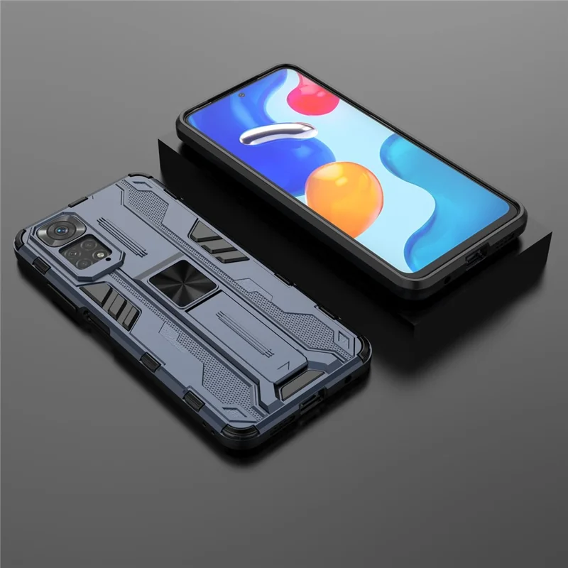 For Xiaomi Redmi Note 11 4G (Qualcomm)/Note 11S 4G Anti-fall Protection Soft TPU Hard PC Phone Case Kickstand Cover - Blue