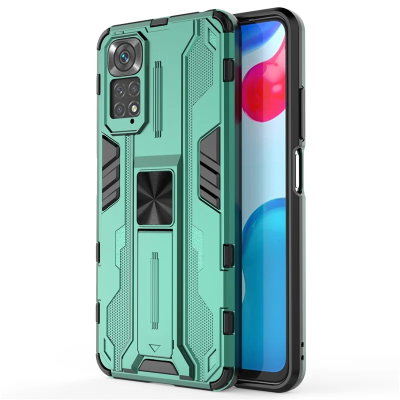 For Xiaomi Redmi Note 11 4G (Qualcomm)/Note 11S 4G Anti-fall Protection Soft TPU Hard PC Phone Case Kickstand Cover - Green