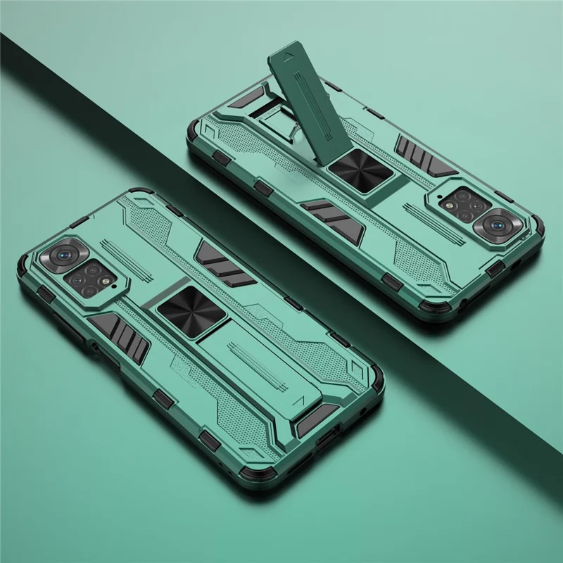 For Xiaomi Redmi Note 11 4G (Qualcomm)/Note 11S 4G Anti-fall Protection Soft TPU Hard PC Phone Case Kickstand Cover - Green