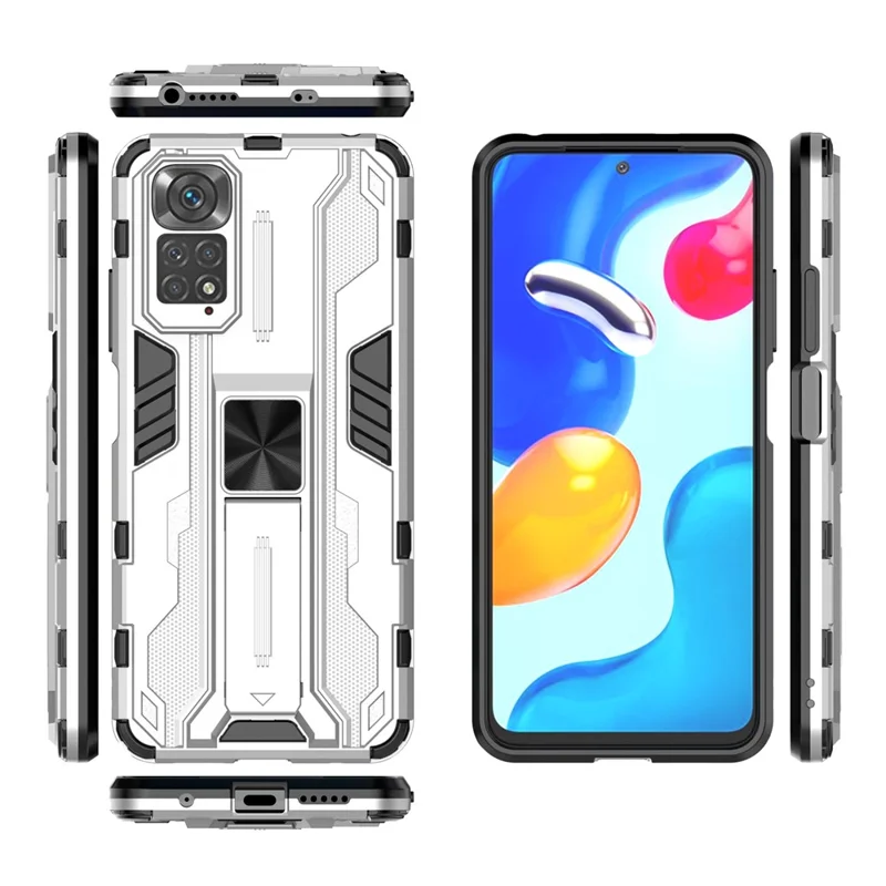 For Xiaomi Redmi Note 11 4G (Qualcomm)/Note 11S 4G Anti-fall Protection Soft TPU Hard PC Phone Case Kickstand Cover - Silver