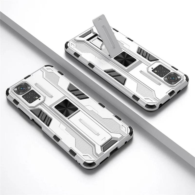 For Xiaomi Redmi Note 11 4G (Qualcomm)/Note 11S 4G Anti-fall Protection Soft TPU Hard PC Phone Case Kickstand Cover - Silver