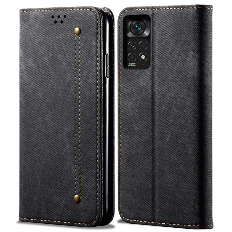 For Xiaomi Redmi Note 12 Pro 4G / 11 Pro 4G (MediaTek) / Note 11 Pro 5G (Qualcomm) Jeans Cloth Texture PU Leather Flip Cover Wallet Stand Magnetic Absorption Phone Case - Black