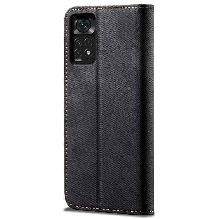 For Xiaomi Redmi Note 12 Pro 4G / 11 Pro 4G (MediaTek) / Note 11 Pro 5G (Qualcomm) Jeans Cloth Texture PU Leather Flip Cover Wallet Stand Magnetic Absorption Phone Case - Black