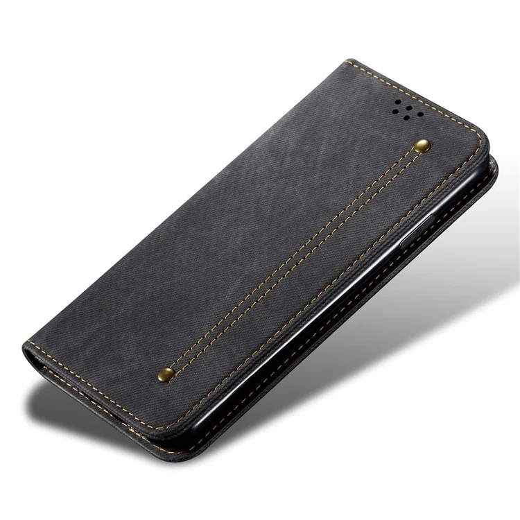 For Xiaomi Redmi Note 12 Pro 4G / 11 Pro 4G (MediaTek) / Note 11 Pro 5G (Qualcomm) Jeans Cloth Texture PU Leather Flip Cover Wallet Stand Magnetic Absorption Phone Case - Black