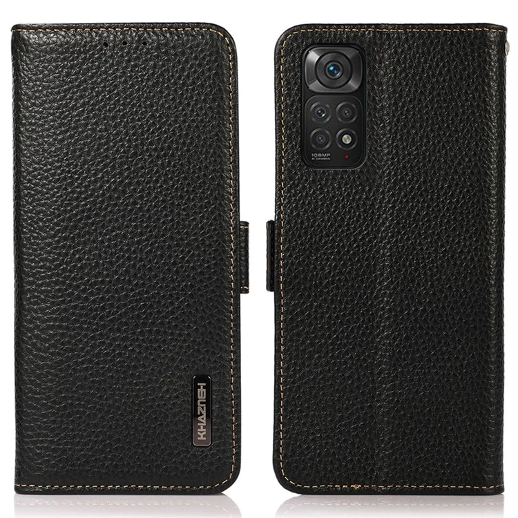 Khazneh Para Xiaomi Redmi Note 11 4G (Qualcomm) / Note 11S 4G RFID Blocking Litchi Texture Cuero De Cuero Genuino Con Soporte De Cartera - Negro